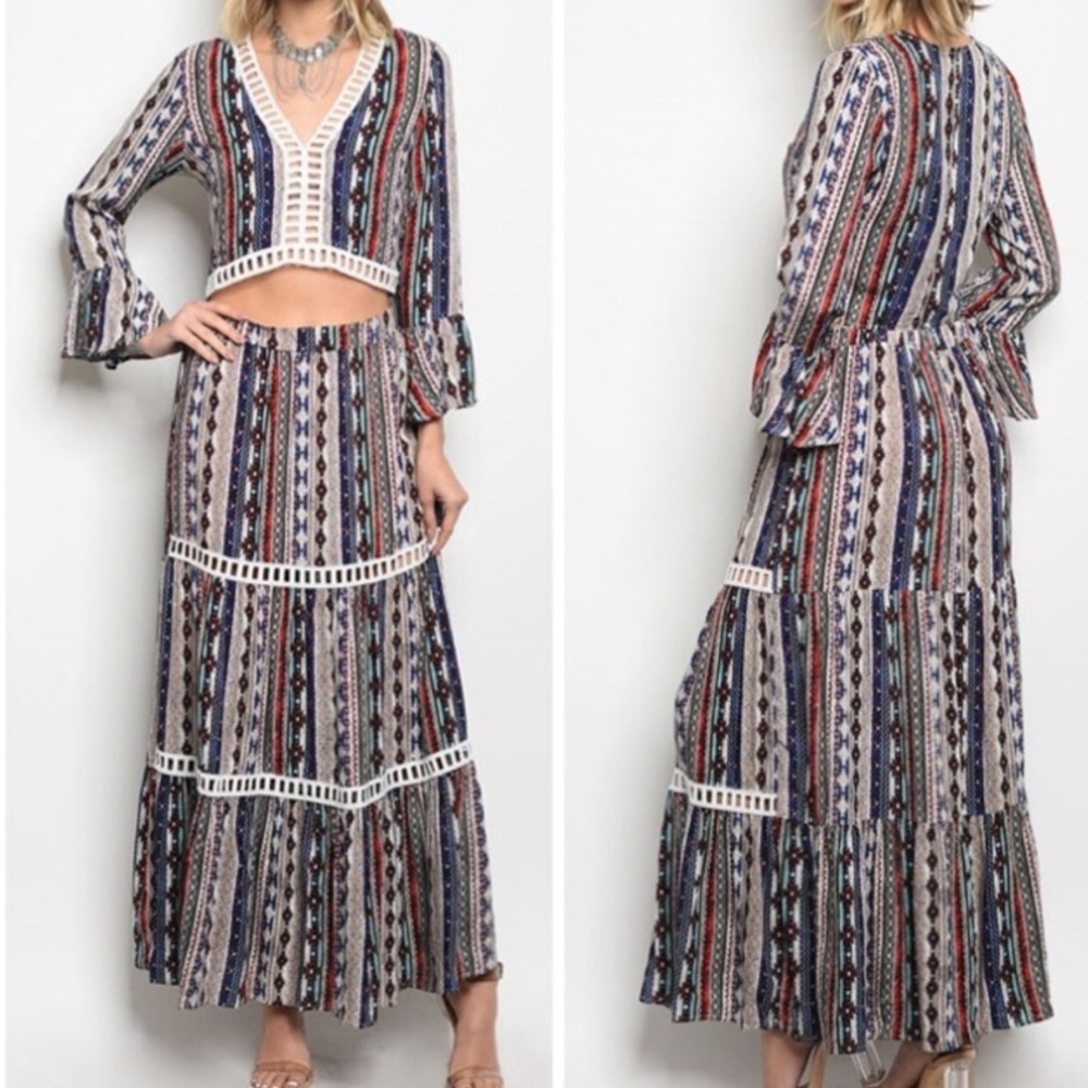 Two Piece Gypsy Bohemian Boho Tribal Maxi Skirt and Top
